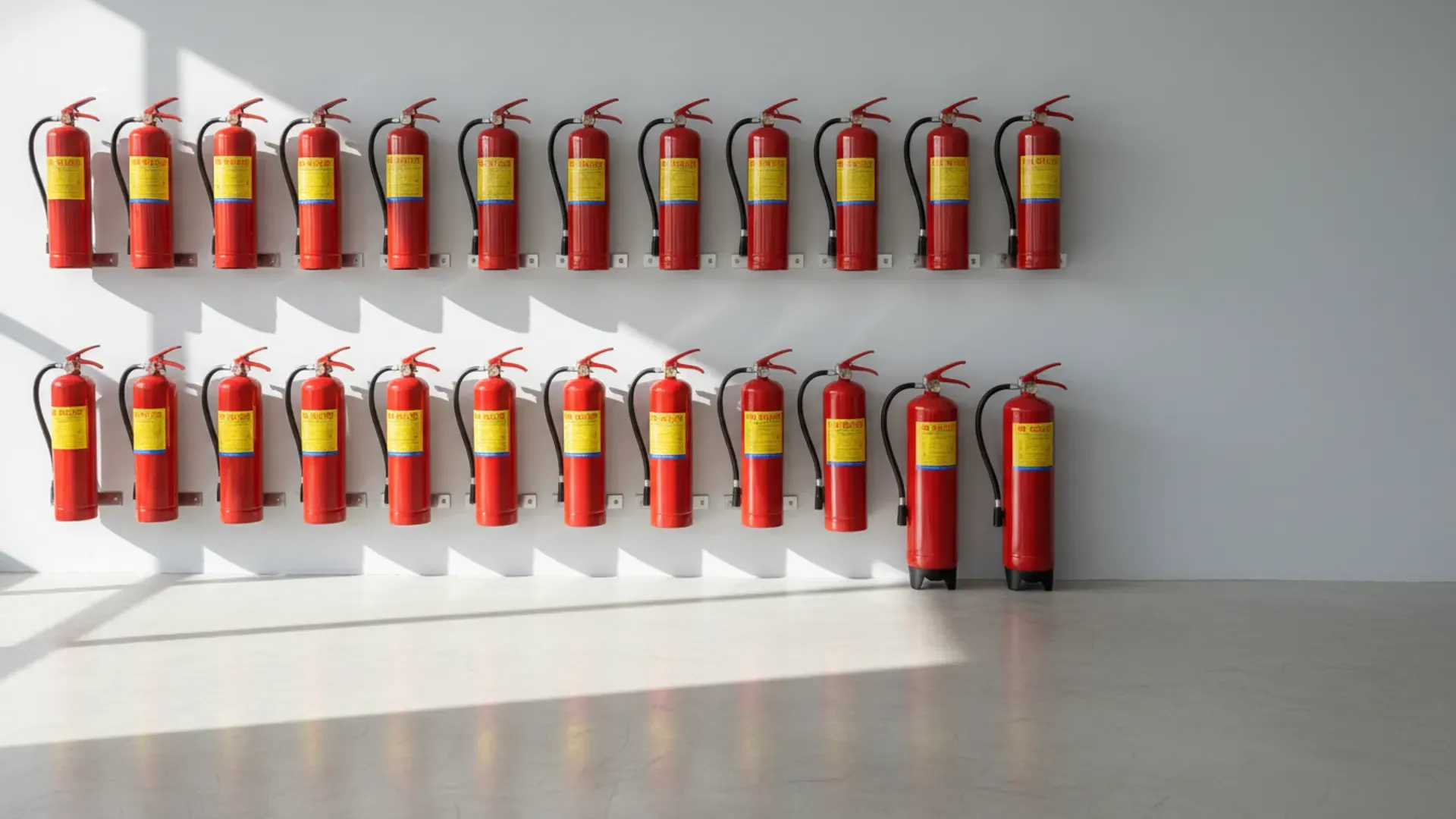 Rows of red fire extinguishers in the TSK Ceylon inspection bay