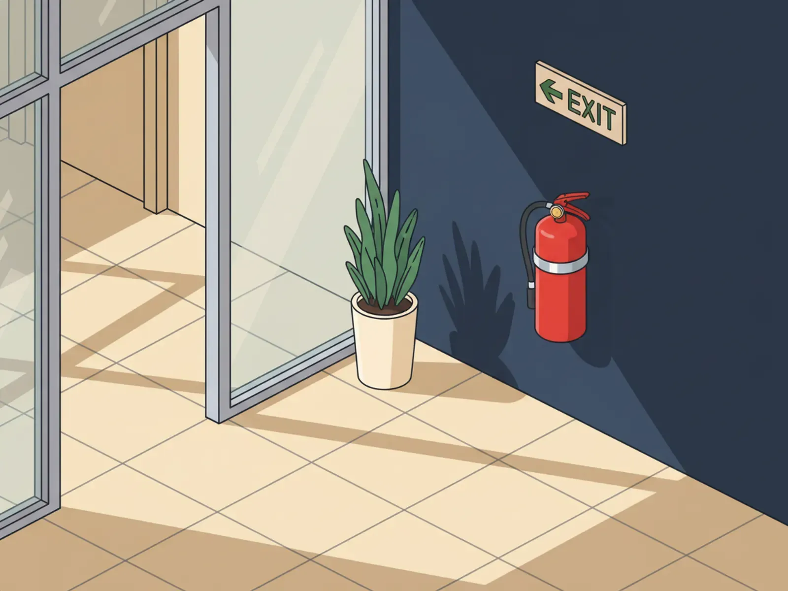 Wall-mounted red fire extinguisher beside a green exit sign in a modern office corridor